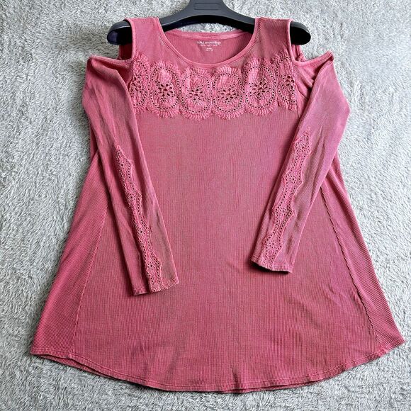 Soft Surroundings Womens Cold Shoulder Thermal Top L Boho Lace Tunic Pink Cotton - Picture 12 of 13